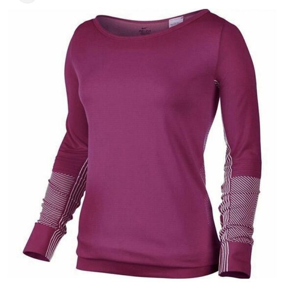 Nike Women's Knit Long Sleeve Crew Top Seamless Shirt Fuchsia Dri Fit- Small - Picture 2 of 7